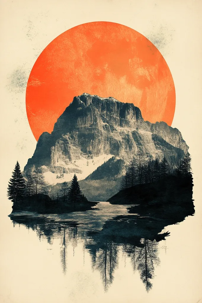 The image depicts a mountainous landscape with a large, orange sun setting behind a mountain range. The scene is reflected in a body of water in the foreground, creating a mirrored effect. The mountain range appears to be covered in snow, with dark trees and foliage surrounding the water. The overall aesthetic is serene and minimalist, with a focus on natural elements. The image has a retro feel, possibly inspired by vintage travel posters.