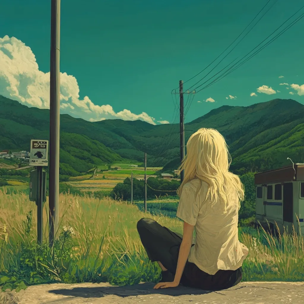 A lone woman with long blonde hair sits on a grassy slope overlooking a valley. The green hills are a backdrop to a clear blue sky, accented by wispy white clouds. Telephone poles with wires cut through the landscape. The scene is serene and peaceful, creating a sense of tranquility.