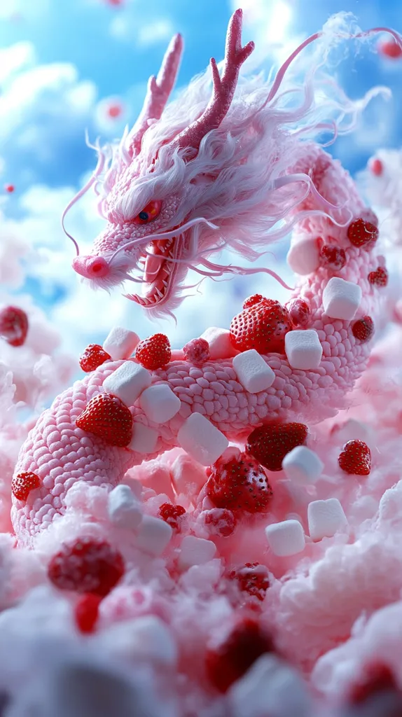 A pink dragon made of cotton candy and covered in strawberries and marshmallows is nestled in a bed of fluffy clouds. Its head is raised, its mouth open in a fierce roar. The dragon is surrounded by a cloud of red and white, creating a whimsical and surreal scene.  The image is both playful and slightly unsettling, with a sense of magic and wonder.