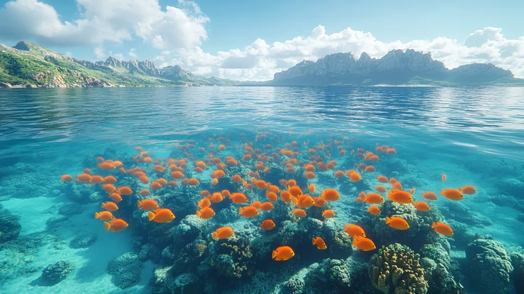 A serene landscape featuring a vast ocean with a mountain range in the distance. The water is crystal clear, revealing a vibrant underwater world teeming with orange fish swimming amongst coral reefs. The sky is a breathtaking blue, adorned with fluffy white clouds, creating a picturesque scene of natural beauty.