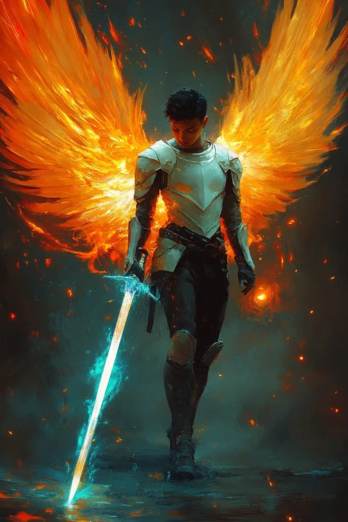 A young man in armor stands with glowing wings of fire behind him. He holds a glowing blue sword, the tip resting on the ground, illuminating the water around it. The man is surrounded by sparks, and his expression is focused and determined. The scene is reminiscent of a fantasy or mythological story, where the man is a powerful warrior or hero.