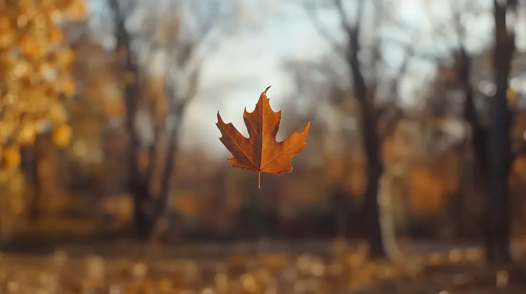 A single brown maple leaf floats in the air, centered in the frame. The background is a blur of out-of-focus trees and foliage, creating a soft, dreamy ambiance. The leaf appears to be suspended in time, capturing the essence of autumn's gentle transition. The image evokes feelings of tranquility and the fleeting beauty of nature.
