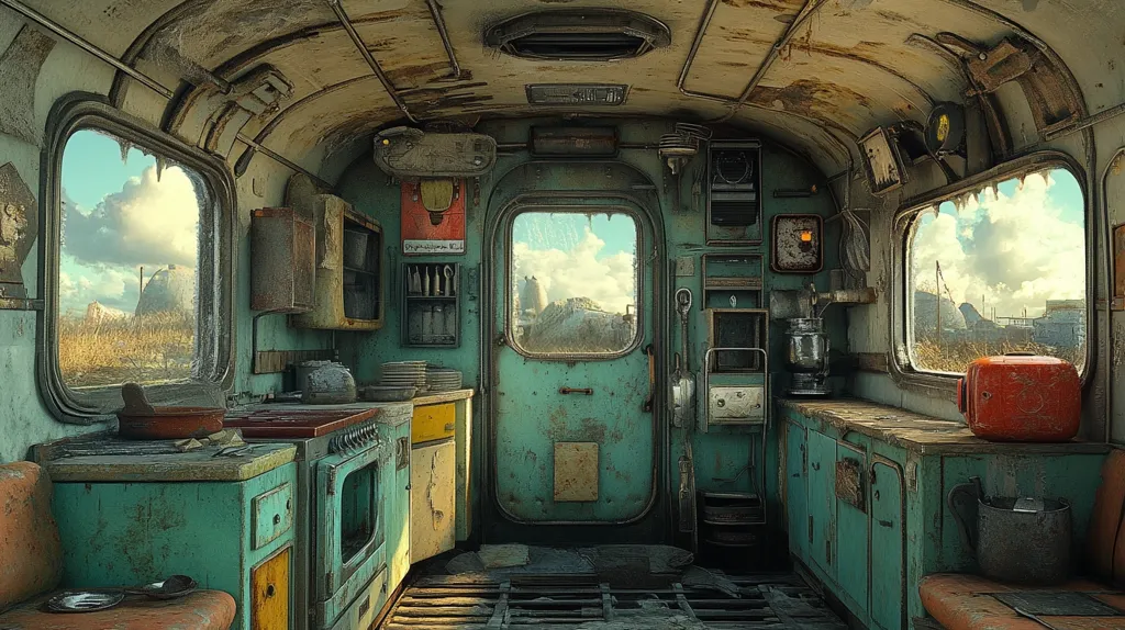 The image depicts the interior of a weathered and abandoned train car. The walls are a faded teal color, and the metal ceiling is covered in rust. The car has been converted into a makeshift kitchen with a counter, oven, and cabinets. Two windows offer a view of the desolate landscape outside. The overall atmosphere is one of decay and abandonment.