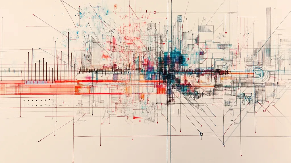 The image is a complex abstract drawing composed of a grid of lines, shapes, and figures. There are hints of color throughout the image, including shades of red, blue, and orange. The lines are drawn in different directions, forming a network that appears to be both organized and chaotic. The image has a futuristic, technological feel.  The drawing is likely created with pen and ink on paper. The overall composition is abstract, but there are hints of geometry and structure. The image evokes a sense of complexity, dynamism, and the interconnectedness of different elements.