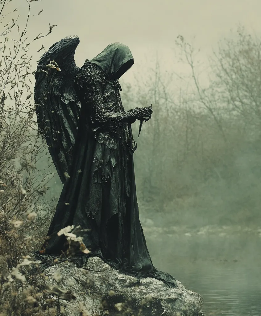 The image features a hooded figure with large black wings, standing on a rocky outcropping beside a misty body of water. The figure is shrouded in darkness and appears to be gazing down at the water. The overall mood is dark and mysterious, evoking a sense of dread and foreboding. The trees in the background are obscured by fog, further adding to the eerie atmosphere. The figure's somber posture and the misty setting create a sense of loneliness and isolation.