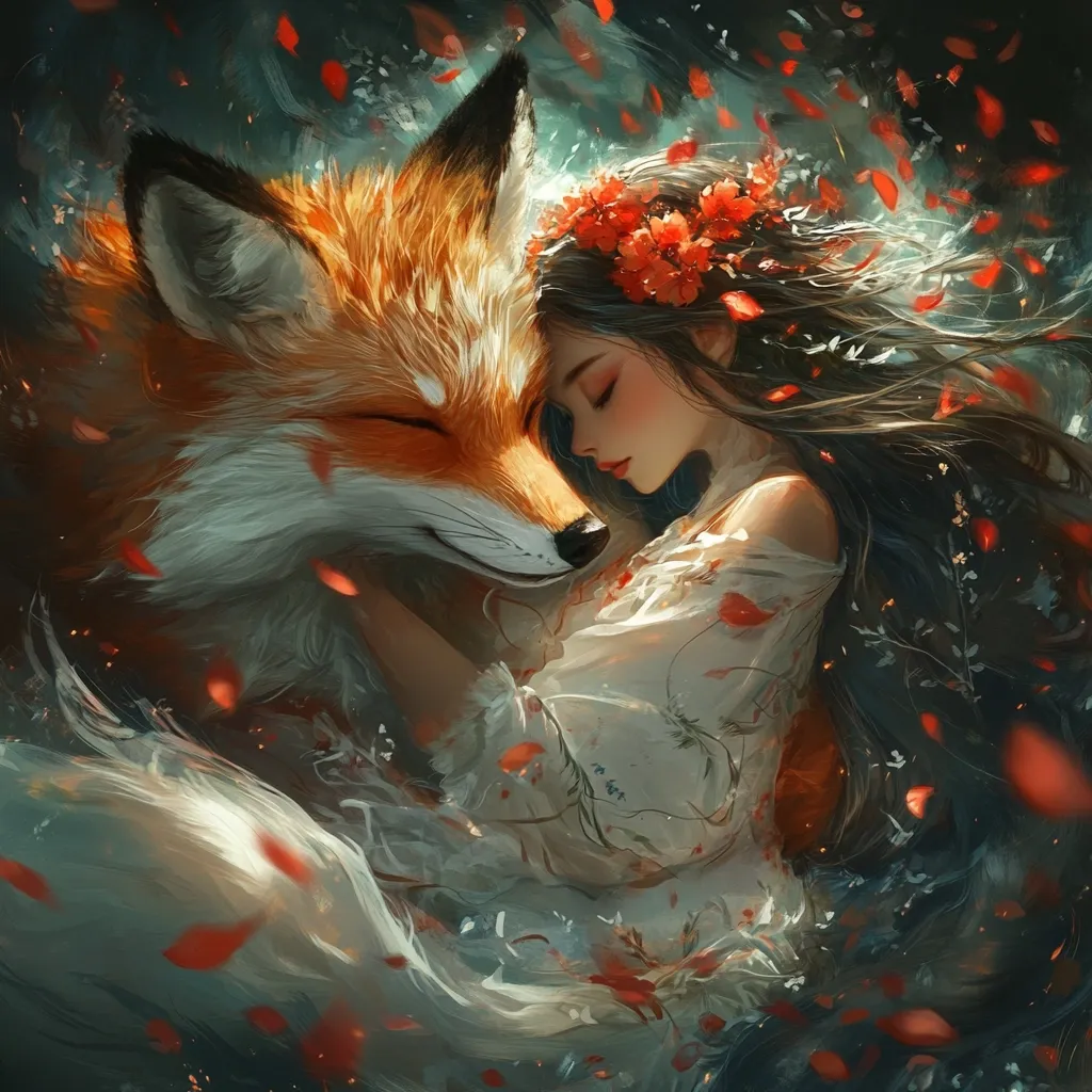 A young woman with long black hair and a flower crown, dressed in a white dress with red floral patterns, is cradled in the embrace of a large, orange fox. The woman's eyes are closed, and she seems to be asleep, her face resting gently against the fox's soft fur. The fox's eyes are also closed, and it appears to be sleeping peacefully. Red flower petals fall around them, creating a romantic and dreamy atmosphere. The painting evokes a sense of tranquility and connection between the woman and the animal.  The background is a blur of greens and browns, suggesting a natural setting.