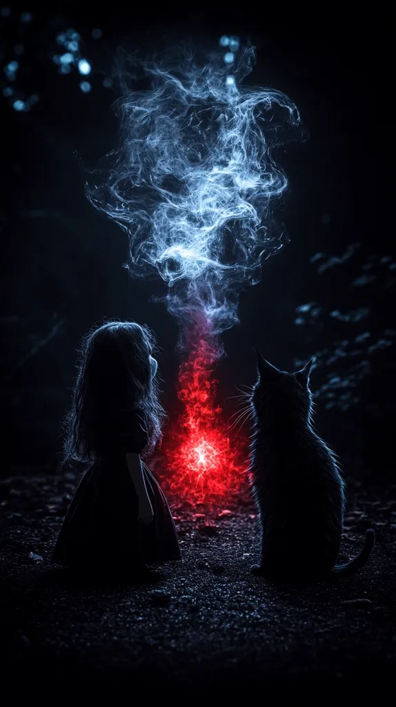A girl in a dark dress stands with a black cat in front of a swirling blue cloud, with a red glow at its base. The figures are silhouetted against a dark background, creating a mystical and atmospheric scene. The contrast of colors and the ethereal nature of the image suggests a sense of magic or otherworldly events.