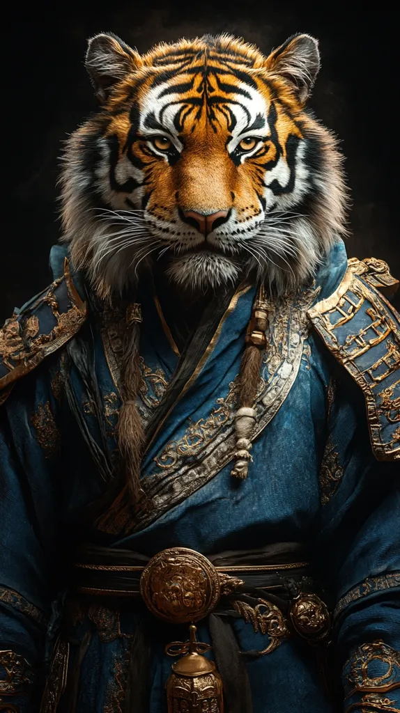 A tiger with striking orange and black stripes is dressed in a blue robe with gold embellishments. The robe features a high collar and intricate patterns woven into the fabric. The tiger's piercing gaze and serious expression add to the majestic and powerful aura of the image. The ornate belt with a golden buckle further enhances the regal appearance of the animal.