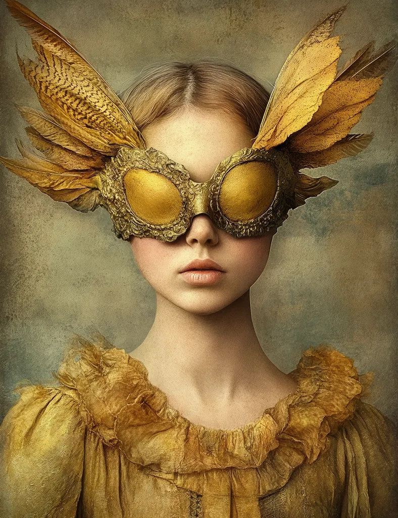 A young woman with fair skin and blonde hair is wearing a large, golden mask that covers her eyes and is adorned with feathers. The mask has a dramatic, almost regal, quality. Her expression is neutral, and she appears to be looking directly at the viewer. She is wearing a simple, yellow dress, which adds to the sense of mystique and grandeur. The background is a blurred, muted brown, which helps to focus attention on the woman and her mask. The image has a timeless quality, and the woman appears to be both powerful and vulnerable.