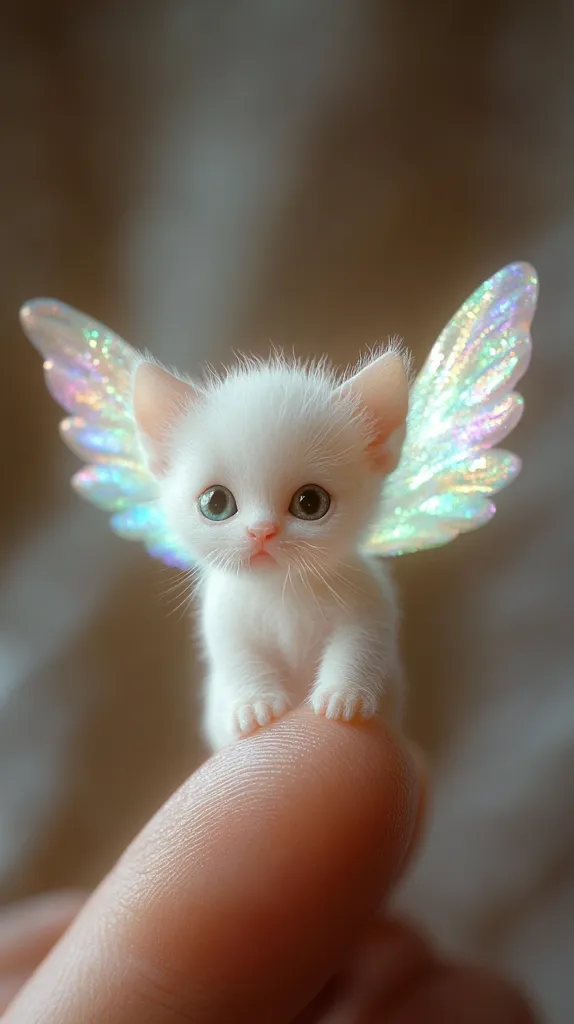 A tiny, white kitten with iridescent wings sits on a finger. The kitten is looking up with big, innocent eyes. The wings are delicate and shimmering, adding a magical touch to the image. The background is blurred, focusing attention on the cute and enchanting kitten.  The image evokes a sense of wonder and sweetness.