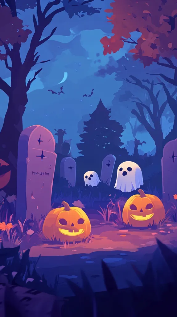 The image is a whimsical Halloween scene with a dark blue sky, a crescent moon, and a graveyard with spooky ghosts.  Two carved pumpkins with glowing faces sit amongst the tombstones, suggesting a festive spirit. The image evokes a sense of playful fright and Halloween tradition.