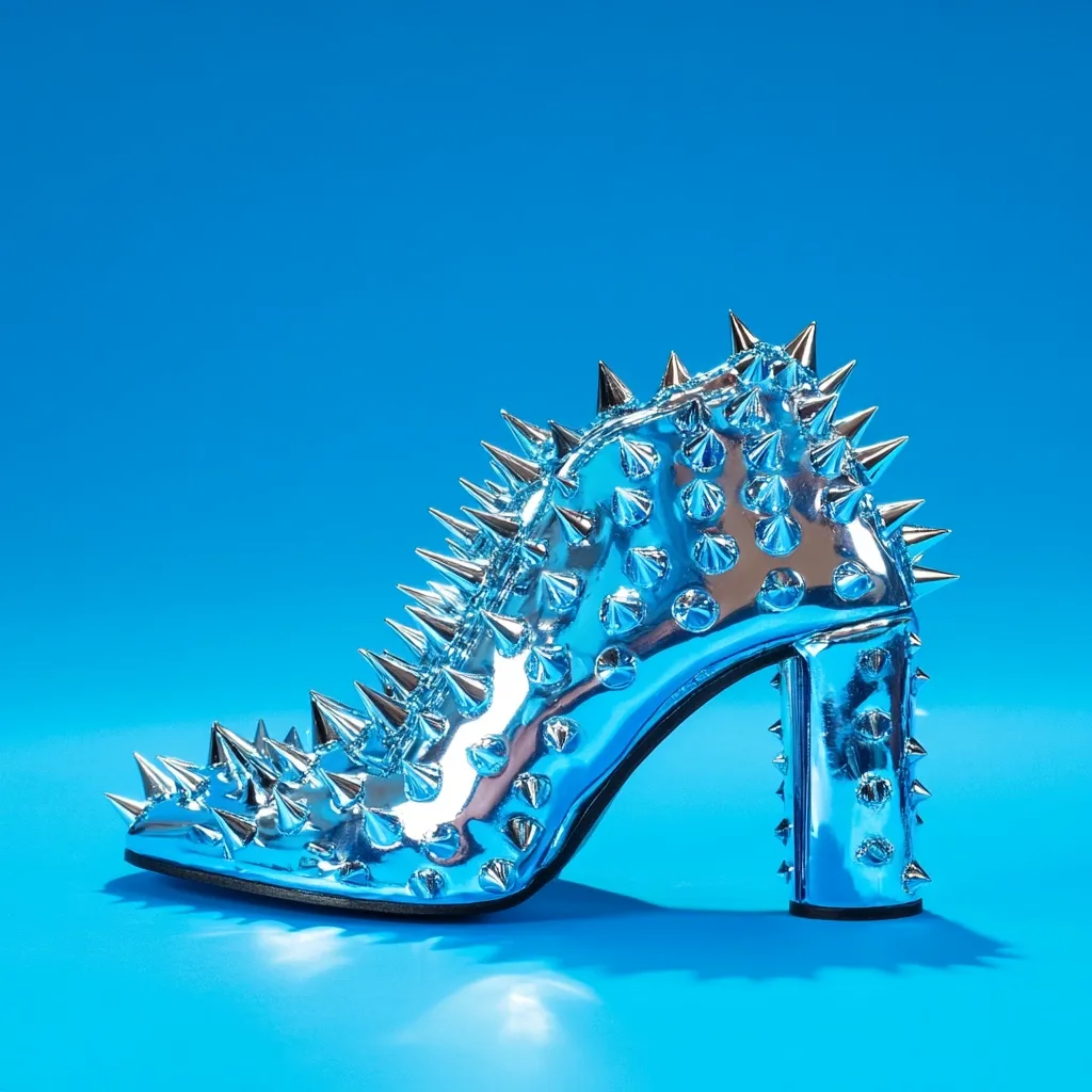 A single, silver high-heeled shoe with a pointed toe is covered in spikes. The shoe is set against a bright blue background. It is a bold and eye-catching piece of footwear. The shoe is shiny and reflective. The spikes add an edgy and punk rock vibe to the design.