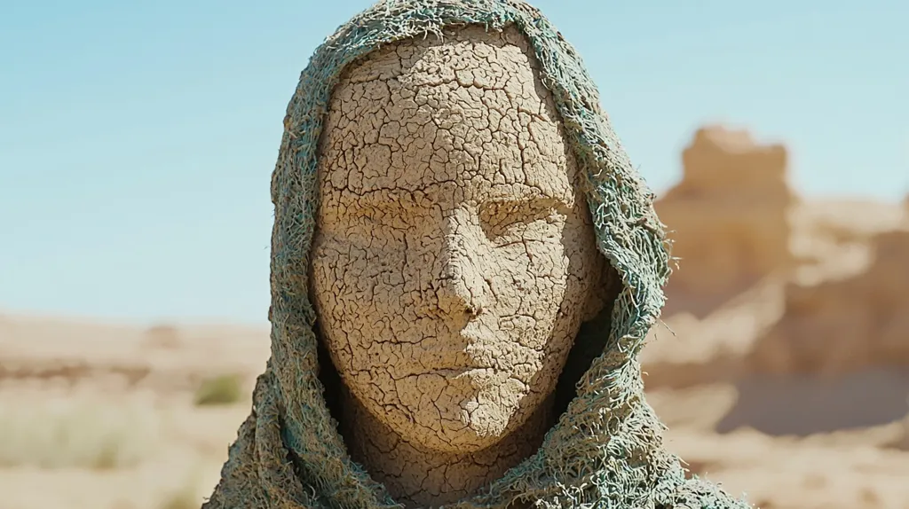 A close-up shot of a sculpture of a woman's face, made of a cracked, earthen material. The sculpture is wearing a draped, blue cloth head covering, and is set against a backdrop of a sandy, desert landscape. The sculpture's expression is solemn and stoic, evoking a sense of resilience and weathering time.