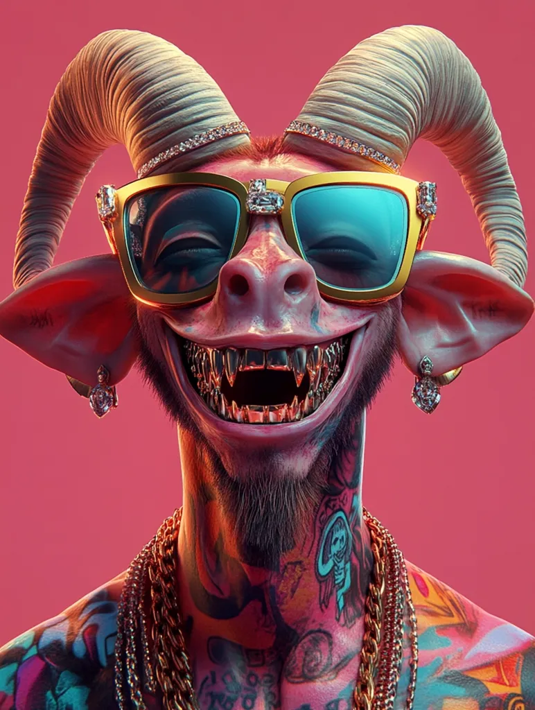 The image is a digital illustration of a cartoonish, demonic-looking creature with ram horns. It wears large, gold-rimmed sunglasses, a gold chain, and diamond earrings. The creature has a large, toothy grin, and its body is covered in colorful tattoos. The background is a bright, solid pink. The illustration has a playful, cartoonish style.