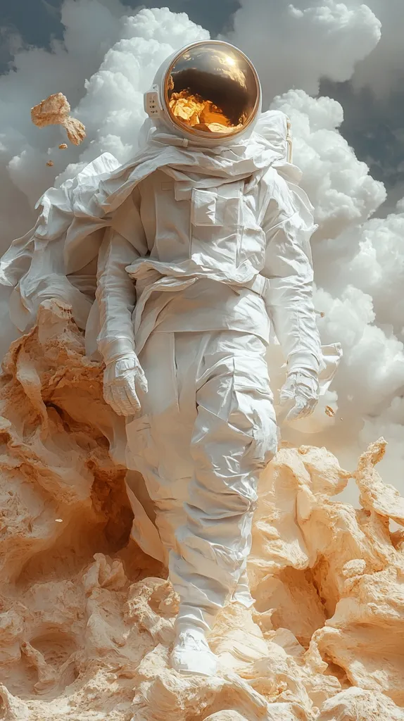 An astronaut, clad in a white spacesuit with a golden visor, stands on a craggy, sandy landscape. The background features fluffy white clouds, suggesting a celestial setting. The astronaut's posture suggests a sense of exploration and discovery, emphasizing the vastness of space and the human desire to venture beyond.  The lighting casts long shadows, adding depth and drama to the scene.