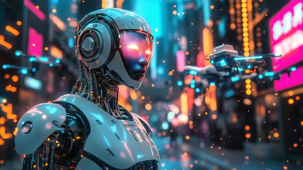 A white humanoid robot stands in a brightly lit city, its face obscured by a visor displaying glowing red eyes. It's surrounded by bokeh lights and a blurry cityscape.  A flying drone zips past in the background, creating a futuristic scene of technology and urban life.  The robot's body is intricately detailed with exposed wires and circuitry, emphasizing its artificial nature. The overall image evokes a sense of wonder and the potential of technology in a future world.