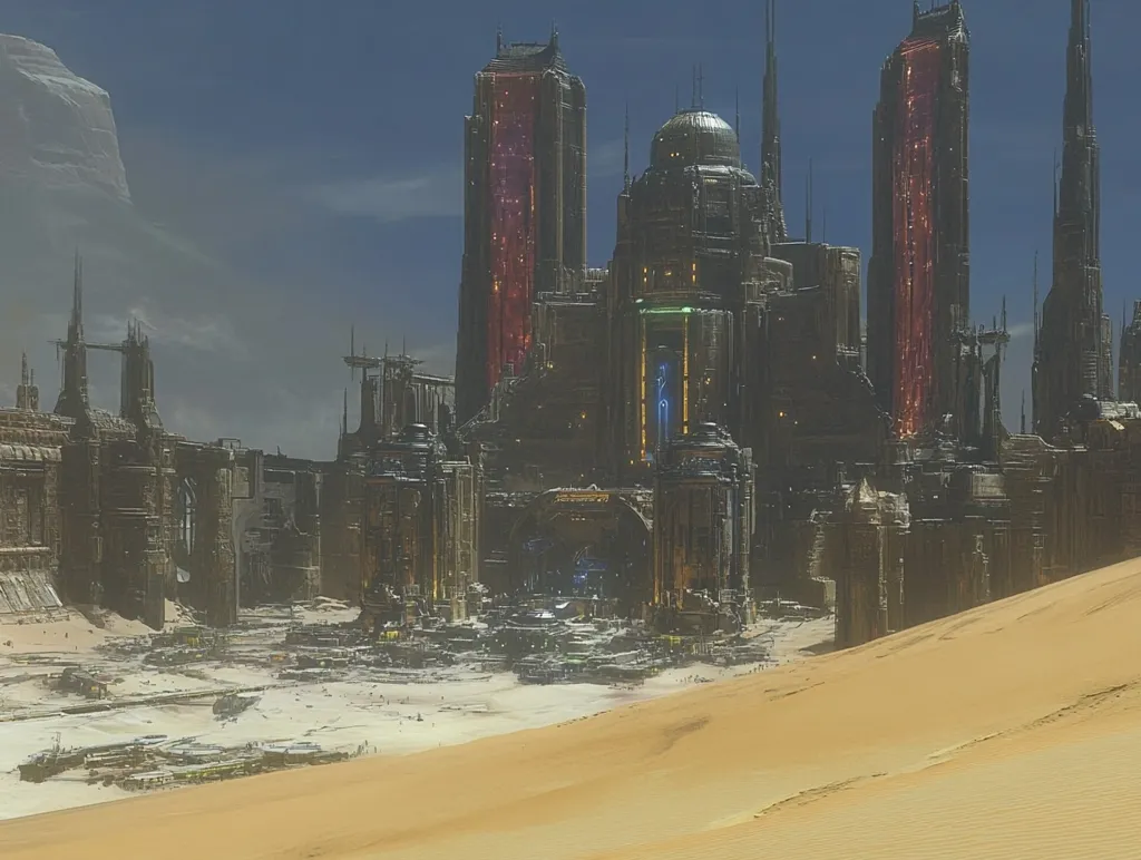A large, imposing city stands in a desert landscape. The city is made of tall, grey buildings with intricate details. Two of the buildings have red glowing windows. There is a large, dome-shaped structure in the center of the city. The city appears to be old and weathered, with signs of wear and tear on its buildings. The desert floor is mostly white sand, except for a large sand dune in the foreground. The sky is clear and blue, except for a large, dark cloud in the distance.