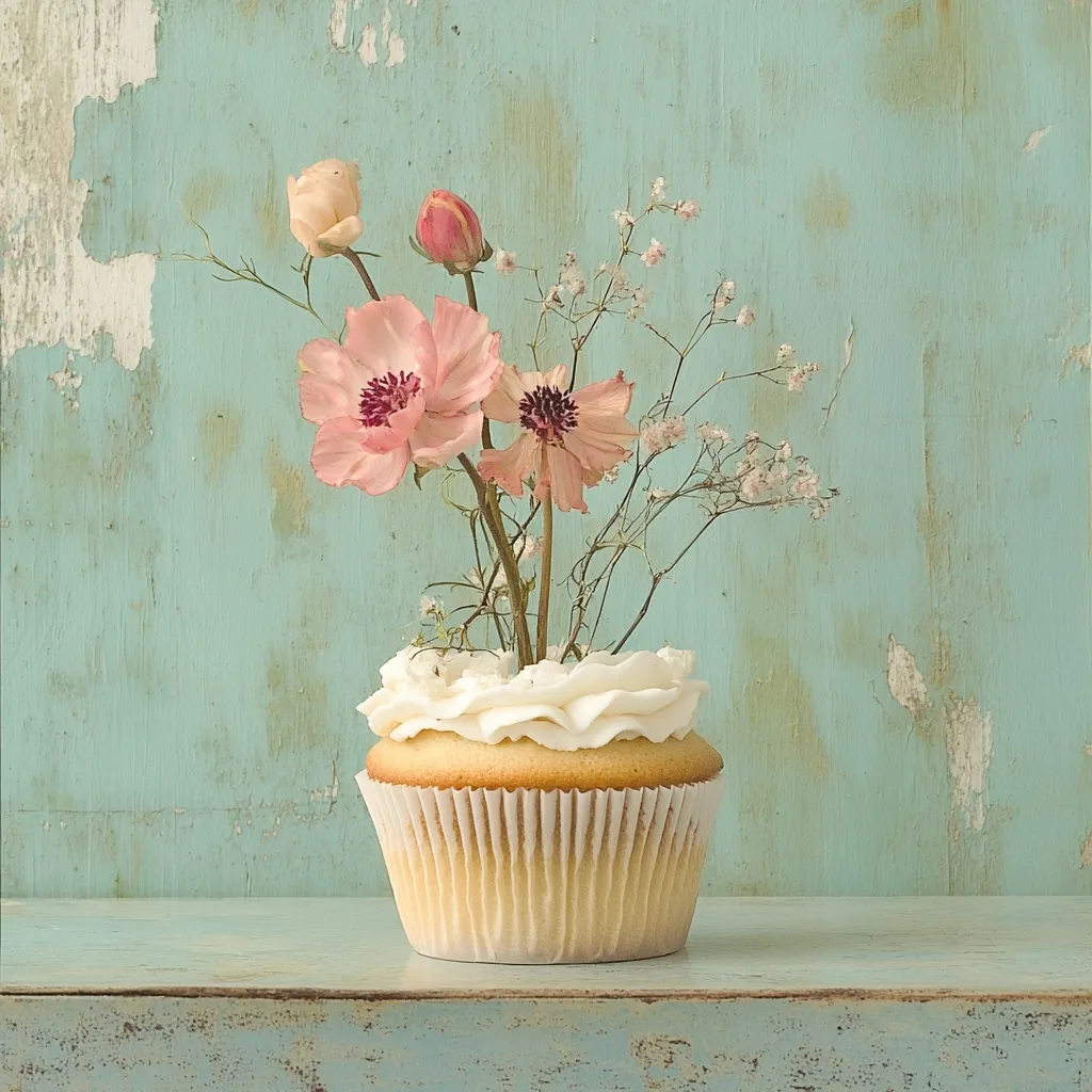 A delicate cupcake with white frosting is adorned with a beautiful bouquet of pink and white flowers. The cupcake sits on a weathered, light blue wooden surface, with a rustic, teal background. The flowers add a touch of elegance and charm to the simple dessert. The arrangement evokes a sense of spring and celebration.  The image is soft and whimsical, creating a gentle and inviting atmosphere.
