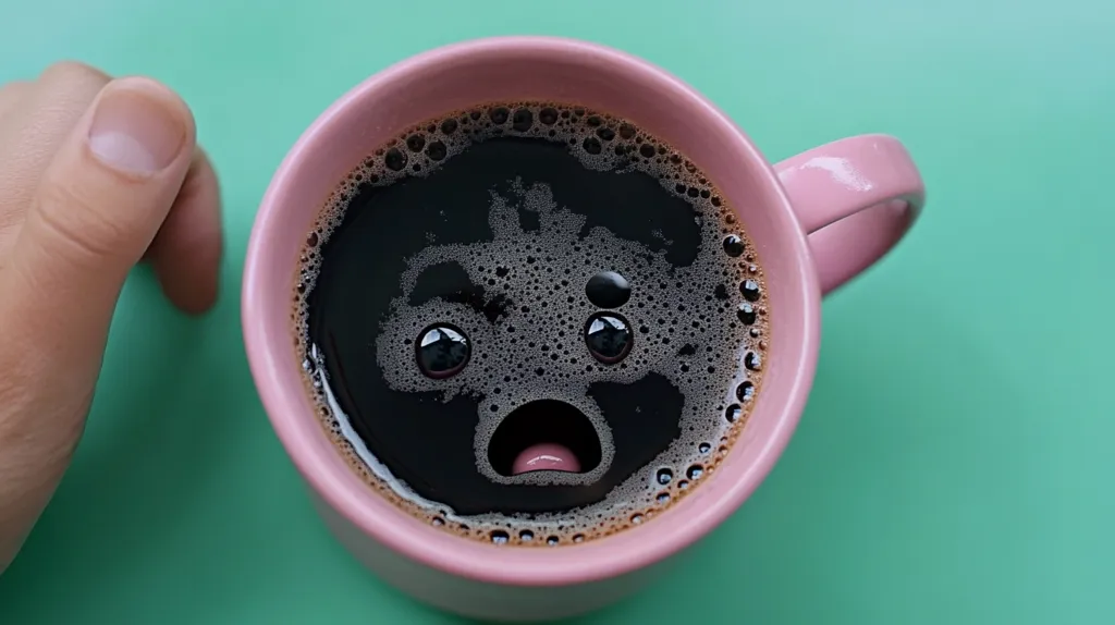 A pink coffee mug filled with black coffee sits on a teal surface. The foam on the top of the coffee has formed a surprised, cartoon-like face. A hand with a finger extended is reaching towards the mug. The image is playful and whimsical, and the coffee appears to be surprised or startled.