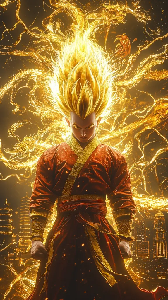 The image depicts a warrior with flowing golden hair, clad in red and gold robes, standing amidst a fiery blaze. The background is a blur of golden light and energy, with hints of a city skyline. The warrior's intense gaze and clenched fist suggest a powerful and determined presence. The overall atmosphere is one of fierce energy and impending battle.