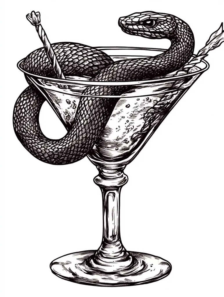 A black and white line drawing of a snake coiled around a martini glass. The snake’s head is raised up and its body is wrapped around the stem and bowl of the glass. A straw is in the drink and extends out of the top of the glass. The drawing is done in a detailed style with hatching and cross-hatching to create the illusion of depth.  The image is a bit humorous and a bit morbid.