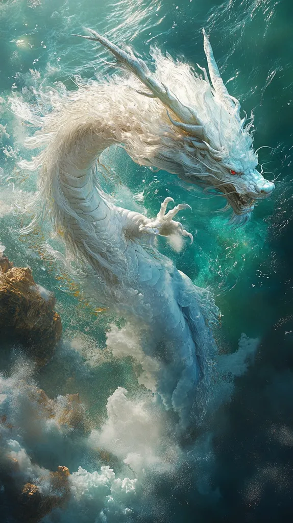 A white dragon with red eyes emerges from the turquoise ocean, its long, flowing mane and scales shimmering in the sunlight. Its powerful form cuts through the water, leaving a trail of bubbles and foam in its wake. The scene is a captivating blend of power and grace, showcasing the dragon's mythical beauty against a backdrop of turquoise ocean and white clouds.