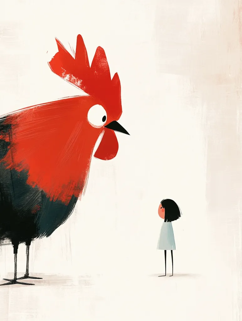 A large, red rooster with a black tail stands on a white background, looking to the right. A small girl with black hair and a blue dress stands on the right, looking up at the rooster. The image is simple and whimsical, and uses bold, primary colors.  The rooster appears to be friendly, while the girl looks apprehensive.  The image evokes a sense of curiosity and wonder.