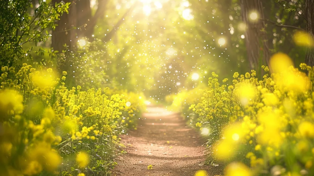 A sunlit path winds through a field of yellow wildflowers, creating a dreamy atmosphere.  The background is blurred, suggesting a forest setting.  The bright light creates a magical, almost ethereal feel.  Tiny white particles float in the air, adding to the enchantment.