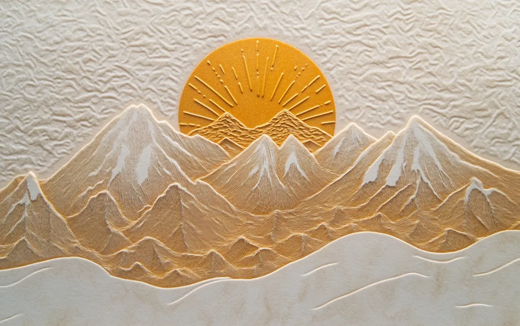 A textured paper background with a yellow sun rising over a mountain range. The mountain peaks are a lighter white, giving the image a 3-D look.  The image has a minimal aesthetic, with an emphasis on the natural elements.  The paper texture is reminiscent of an old, handmade card.