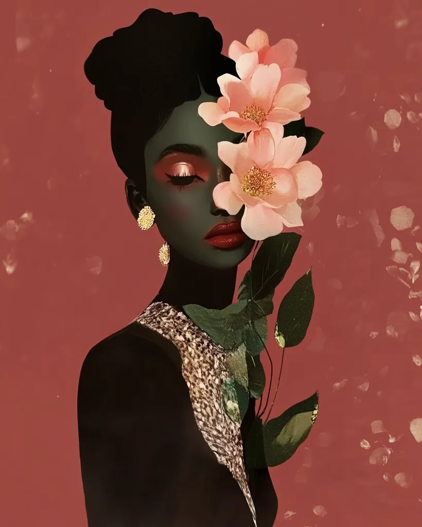 A woman with dark skin and dark hair is depicted with delicate pink flowers covering her face. She is wearing gold earrings and a patterned black dress, and the background is a deep, warm red with small, scattered white circles.  The image is stylized and ethereal, with a focus on the woman's beauty and the floral element.