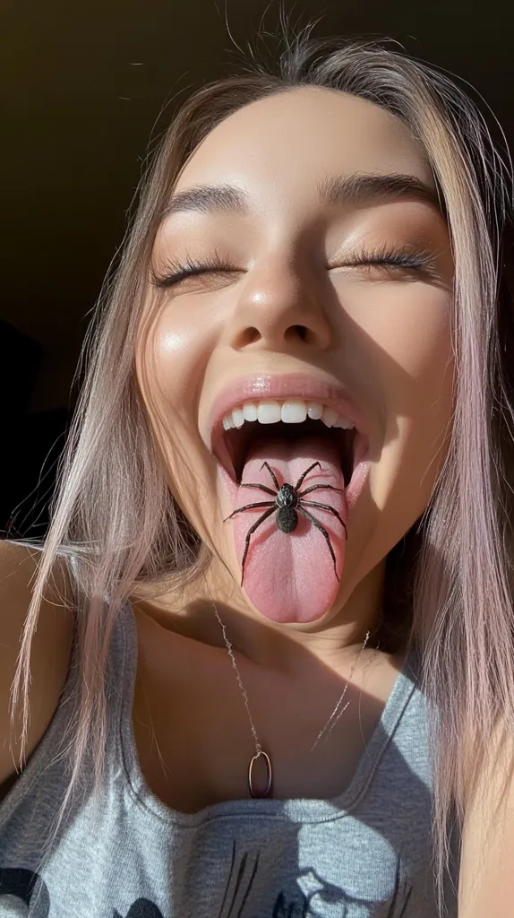 A young woman with long, pink-toned hair is smiling and sticking her tongue out. A small spider sits on her tongue. Her eyes are closed and her face is illuminated by sunlight. She is wearing a gray tank top and a delicate silver necklace. The image is likely intended to be shocking or humorous.