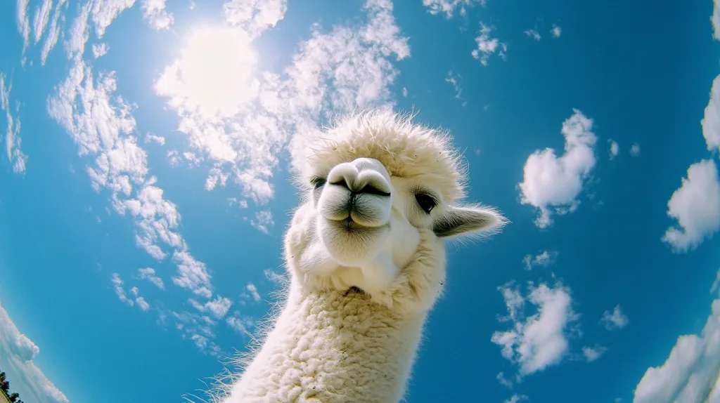 A white alpaca looks up at the bright blue sky, its fluffy face and ears tilted upwards. The sky is dotted with fluffy white clouds, and the sun is shining brightly.  The photo is taken from a low angle, giving the impression that the alpaca is looking down at the viewer.  The alpaca's expression is playful and friendly, inviting the viewer to share in the joy of the day.