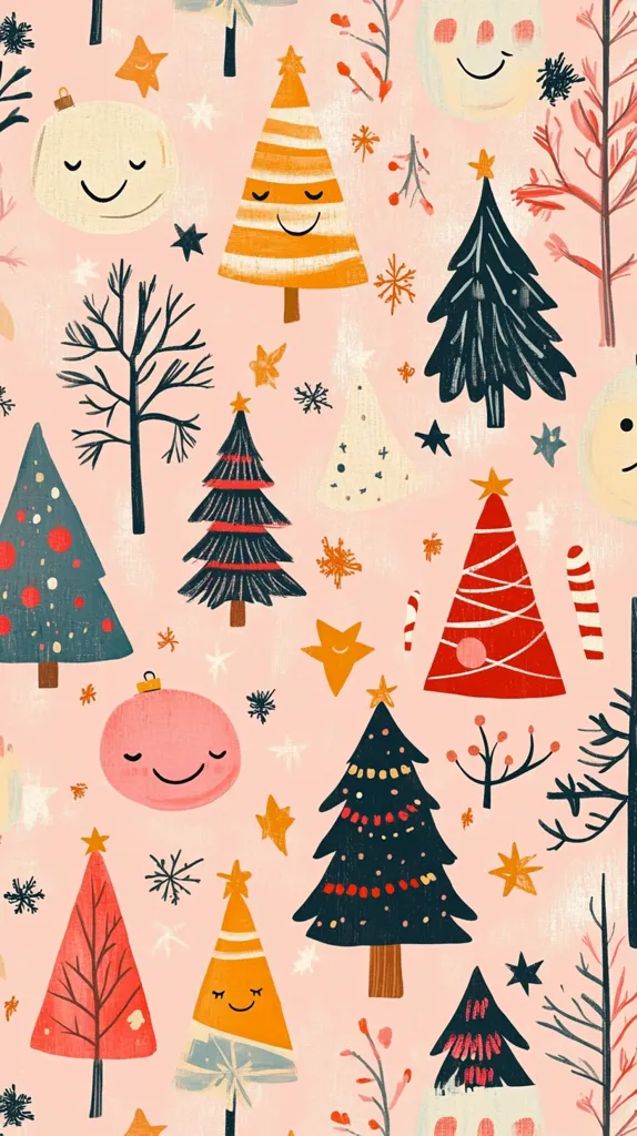 The image is a whimsical Christmas pattern featuring smiling Christmas trees, ornaments, and other festive elements on a pink background. There are various styles of trees, each with unique decorations. The pattern is playful and colorful, perfect for wrapping paper or festive decorations.  The image evokes a sense of joy and celebration.