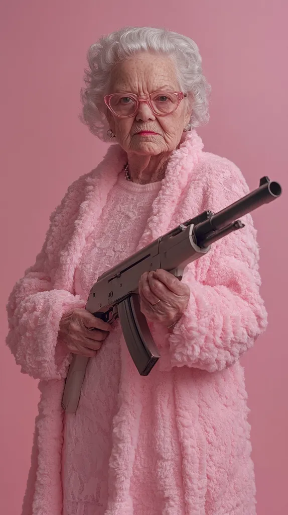 An elderly woman with white hair, wearing pink glasses and a fluffy pink robe, holds a black assault rifle in her hands. She has a serious expression on her face. The background is a solid pink. The image is a stark juxtaposition of femininity and weaponry.