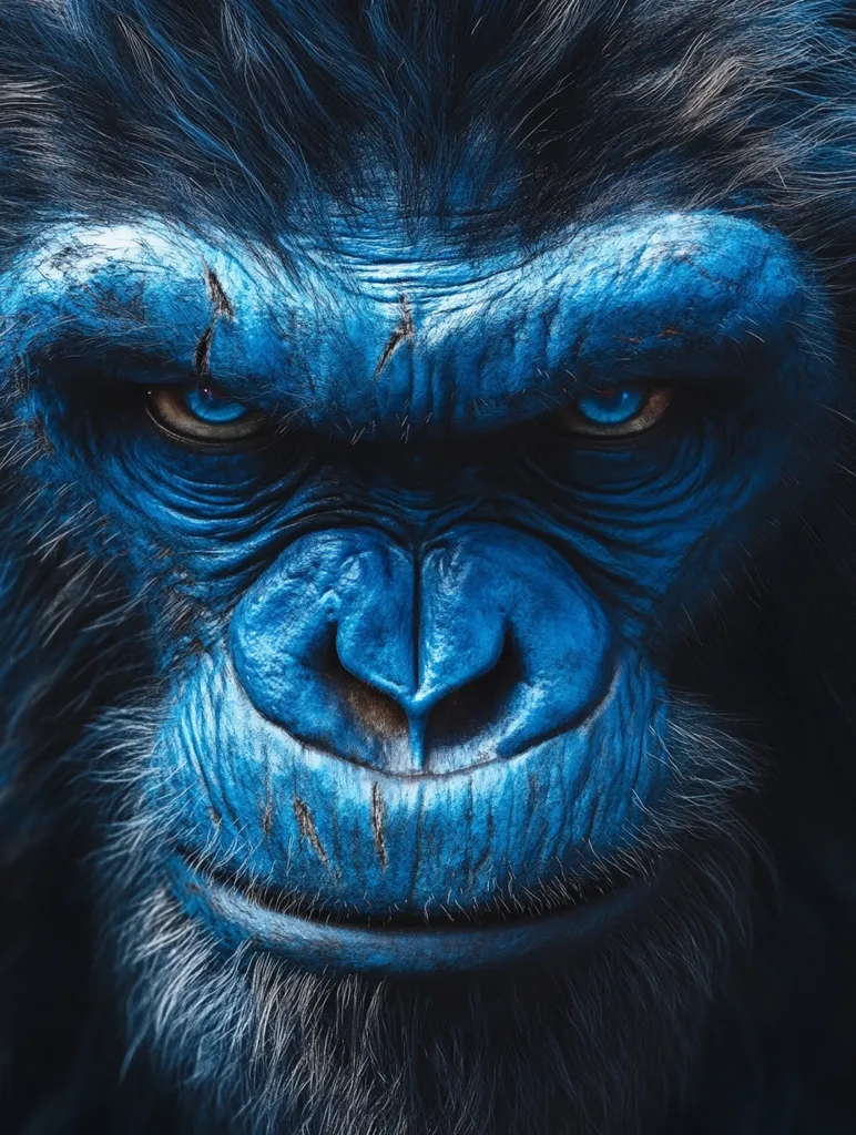 A close-up of a gorilla's face, painted a vibrant blue. The gorilla's piercing blue eyes stare intently at the viewer, and its mouth is slightly open in a menacing grin. The fur around its face is dark and thick, adding to the intensity of the image. The image evokes a sense of power and mystery, leaving the viewer to wonder about the gorilla's intentions.