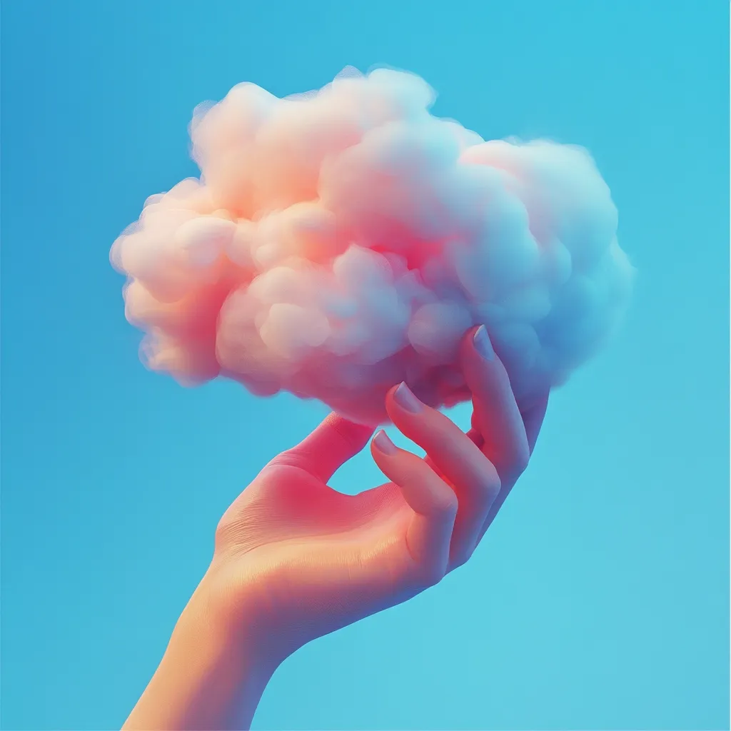 A hand reaches up against a light blue background, holding a fluffy pink and white cloud. The cloud is soft and ethereal, appearing to be made of cotton candy. The hand is outstretched, palm up, with fingers gently cradling the cloud. The scene evokes a sense of wonder and the potential for dreams to come true.