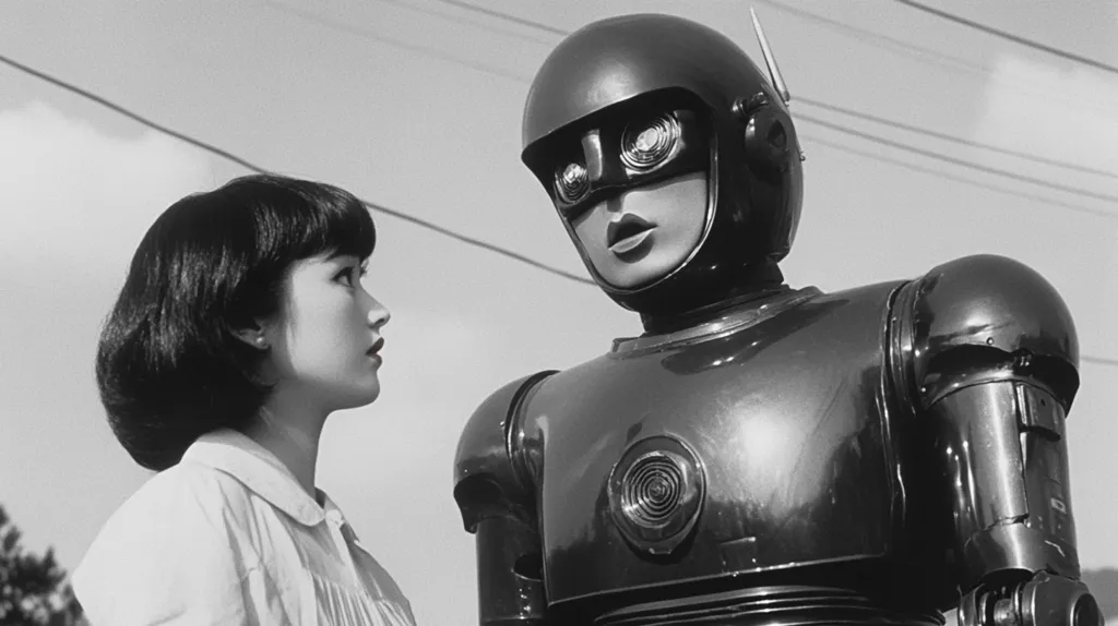 A woman with short dark hair stands to the left of a shiny, metallic robot. The woman is wearing a white shirt and looking to the right. The robot is wearing a helmet with a visor, and has a large, circular object on its chest. The background is a blurry, gray sky. The image is black and white.
