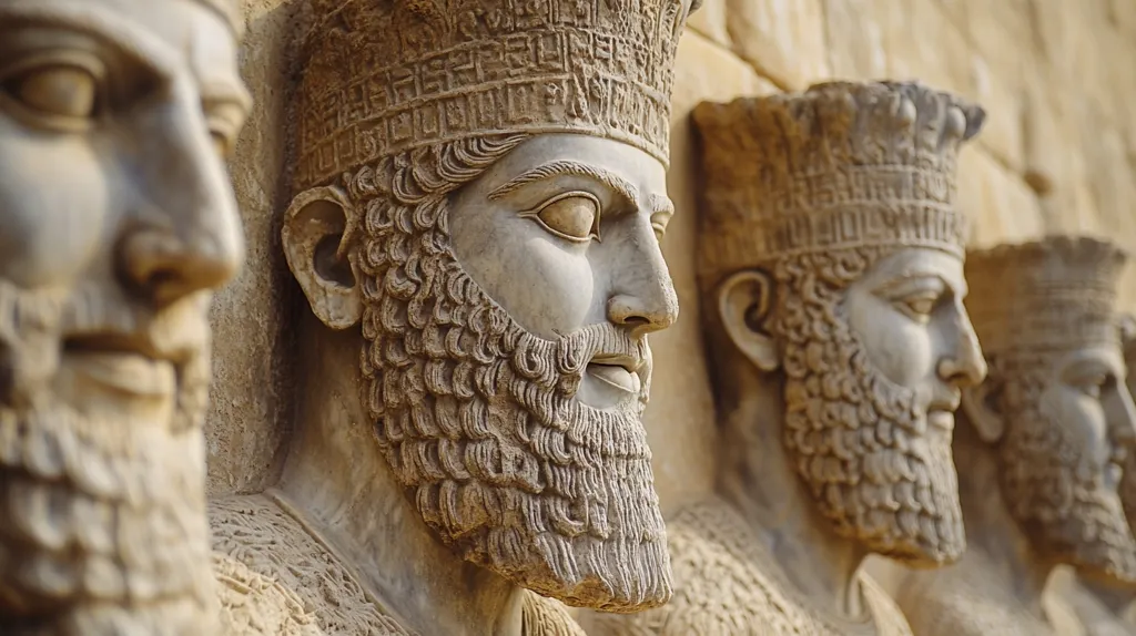 The image shows a close-up of three ancient stone sculptures carved into a wall. Each sculpture depicts a bearded man wearing a crown, with intricate details in their beards and clothing. The sculptures are weathered and eroded, showcasing the passage of time. The light casts shadows on the stone, adding depth to the carving. The image evokes a sense of history and grandeur.