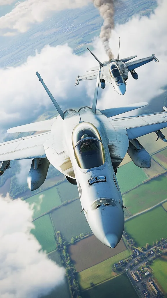 The image features two fighter jets flying in formation against a backdrop of clouds and green fields. The jet in the foreground is flying directly towards the camera, with its canopy open and a pilot visible. The second jet, flying higher up and slightly behind the first, is oriented at an angle, giving a glimpse of its cockpit and undercarriage. The image captures the dynamic nature of aerial combat, showcasing the power and precision of these powerful machines.