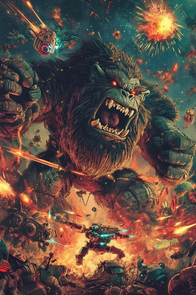 A ferocious, snarling gorilla towers over a chaotic battlefield.  The gorilla's glowing red eyes pierce the smoky haze, and its gaping maw reveals a set of sharp teeth. Smaller, mechanized units engage in combat, their weapons firing amidst explosions and fiery debris. The scene is a vivid portrayal of a relentless battle, with the gorilla as the dominant force.  The artwork is full of detail and conveys a sense of intense action and danger.