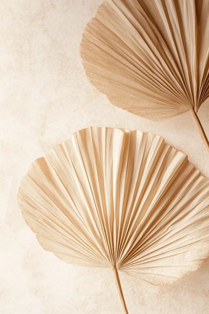 Two large, dried palm leaves are arranged against a light, textured beige background. The leaves are fan-shaped with delicate, intricate folds, creating a natural, minimalist aesthetic. The composition is simple yet elegant, highlighting the beauty of natural textures and forms. The image evokes a sense of tranquility and serenity, inviting viewers to appreciate the simplicity and beauty of nature.