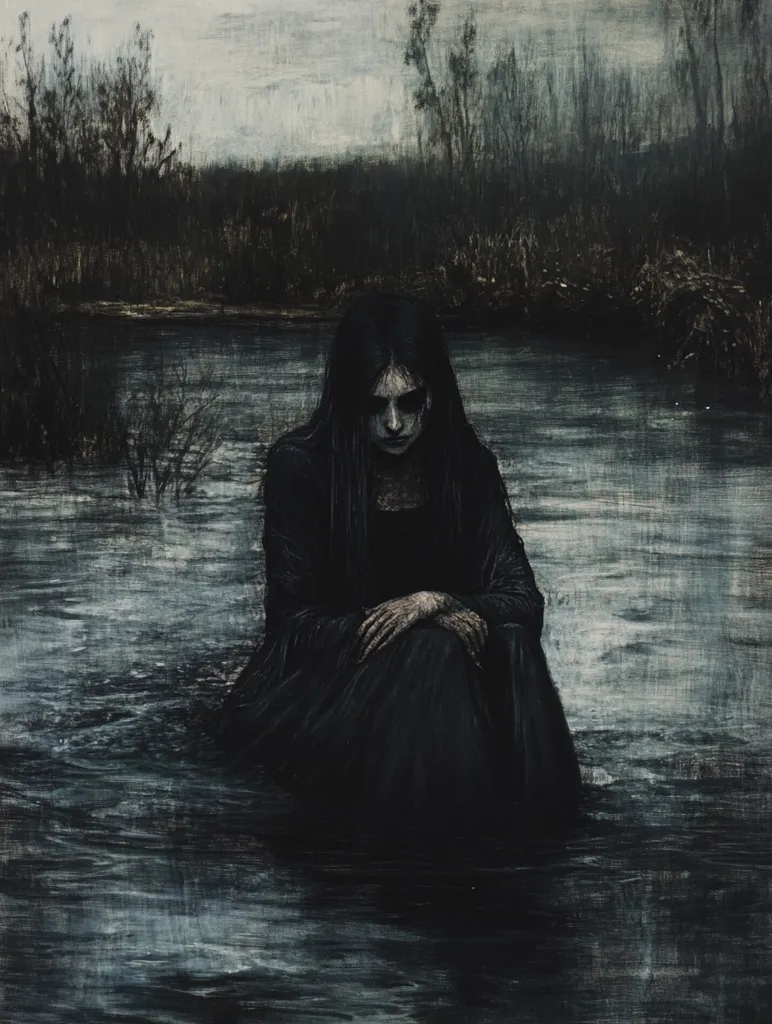 A woman in a dark, hooded cloak sits in a murky river. Her face is pale and her expression is sad. The water is still and reflects the overcast sky. Trees line the banks of the river, creating a somber atmosphere. The image evokes feelings of isolation and melancholy.