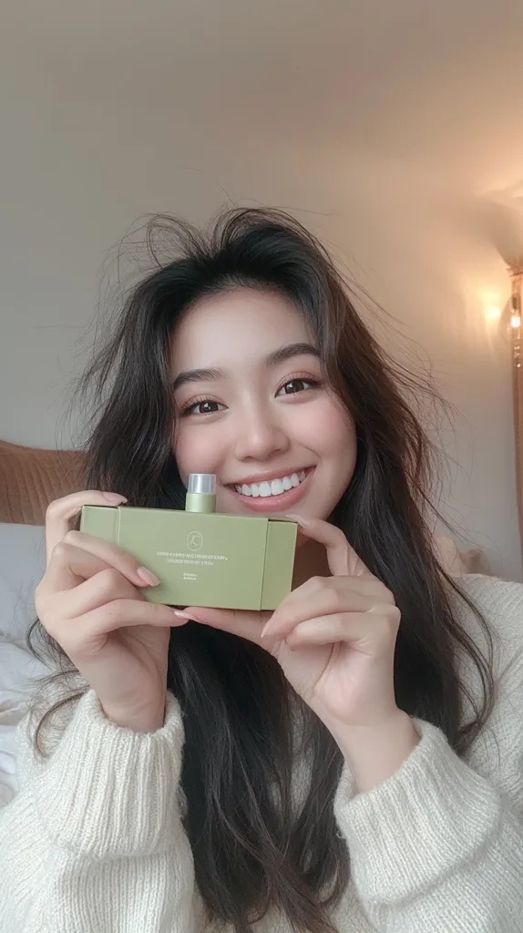 A young woman with long dark hair is smiling brightly. She is holding a small green box in front of her face. The box appears to contain a beauty product and is labeled with a brand name. The woman is wearing a white sweater and is in a cozy, indoor setting.  Her bright white teeth and flawless skin make her appear youthful and radiant.