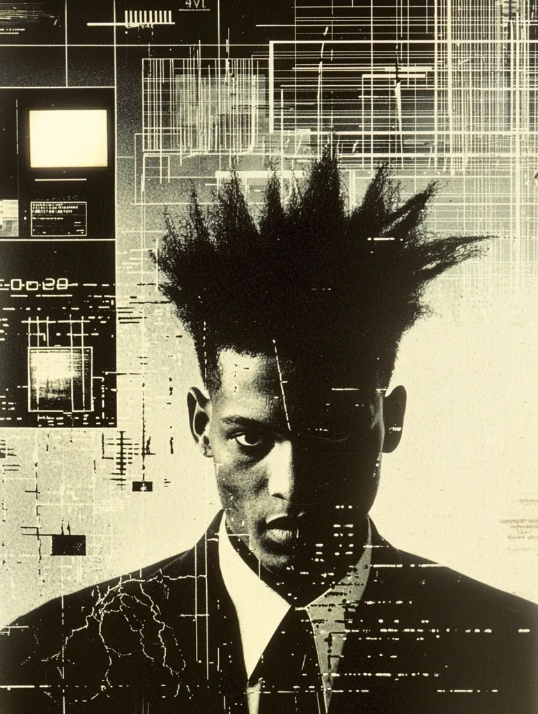 A man with a dark complexion and a spiky haircut is pictured in the image. He is wearing a dark suit and white shirt.  The background is a grid of black and white lines.  The image is dark and mysterious, evoking a sense of secrecy and power.  The grid pattern behind the man suggests a digital or technological environment.  The overall effect is one of intrigue and complexity.