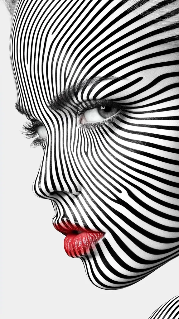 A woman's face is covered in black and white stripes, creating a zebra-like pattern. Her eye is partially visible, and her lips are painted a vibrant red. The image is stylized and dramatic, showcasing the power of makeup and visual art.