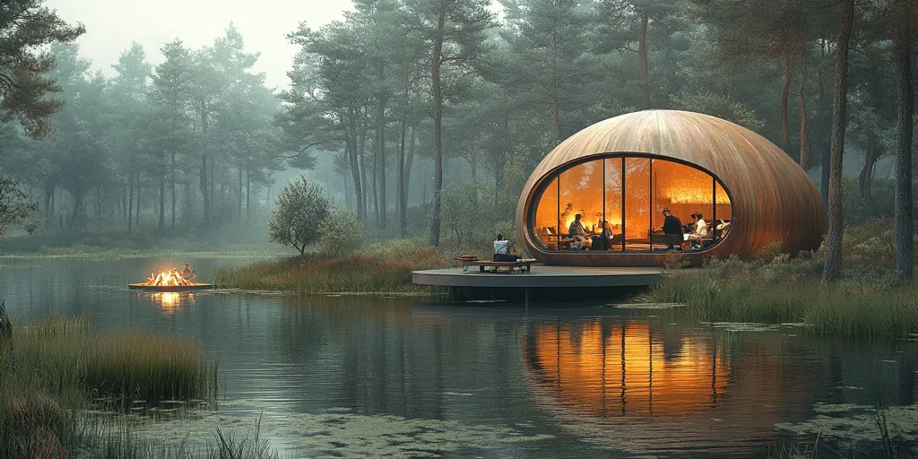 A wooden, dome-shaped cabin sits on a small wooden dock over a still lake, surrounded by a thick forest. The cabin is illuminated from within, and a small bonfire burns on the lake in front of it. The scene is serene and peaceful, with a sense of isolation and tranquility.  The mist and the soft light create a dreamlike atmosphere.