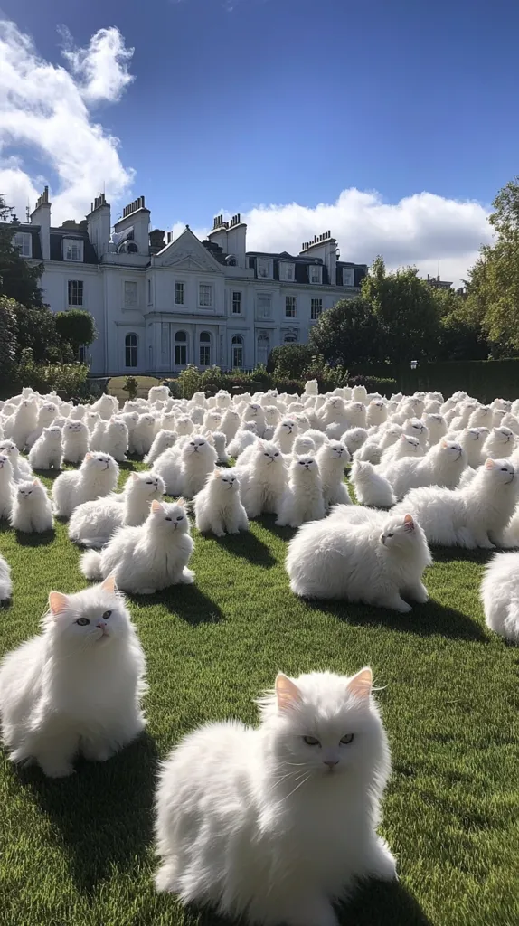 A large group of white fluffy cats are sitting on a green lawn in front of a white mansion. The cats are all looking at the camera. The sky is blue and there are some white clouds. The scene is surreal and almost looks like a painting.