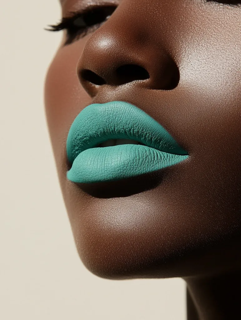 A close-up of a person's face, showing their lower lip and part of their nose. The person has dark skin and is wearing bright, teal lipstick. The light catches the smooth skin, highlighting its texture. The photo is taken from a slightly low angle, emphasizing the lips.