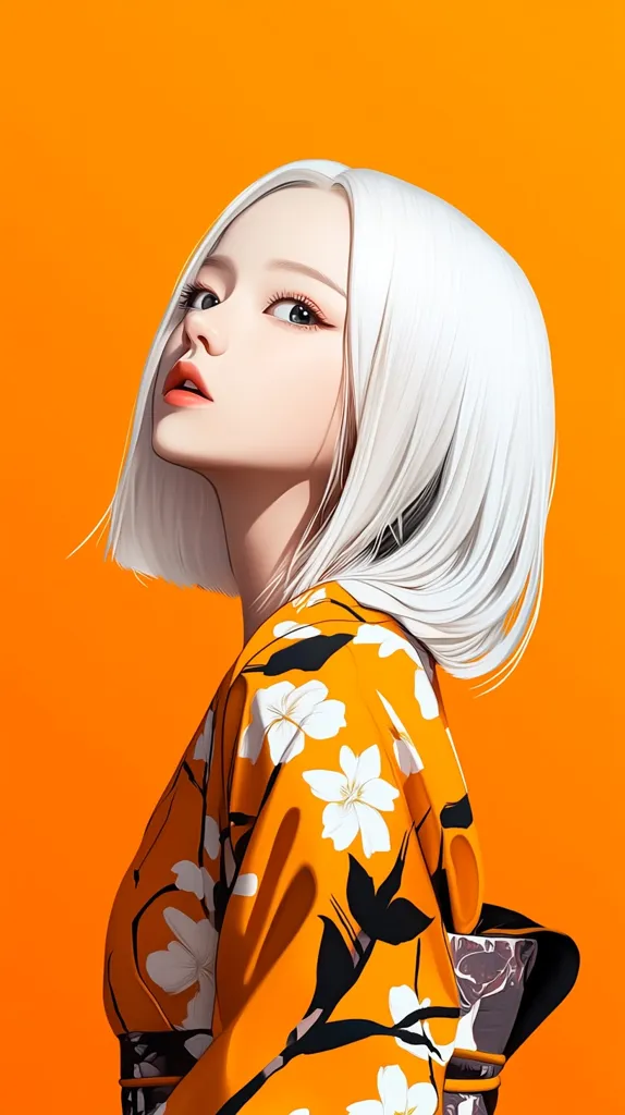 The illustration depicts a young woman with long, flowing white hair. She is wearing a vibrant orange and white floral kimono, against a bright orange background. The woman's gaze is directed to the left, with a hint of a smile on her lips. The image evokes a sense of femininity, grace, and cultural tradition.