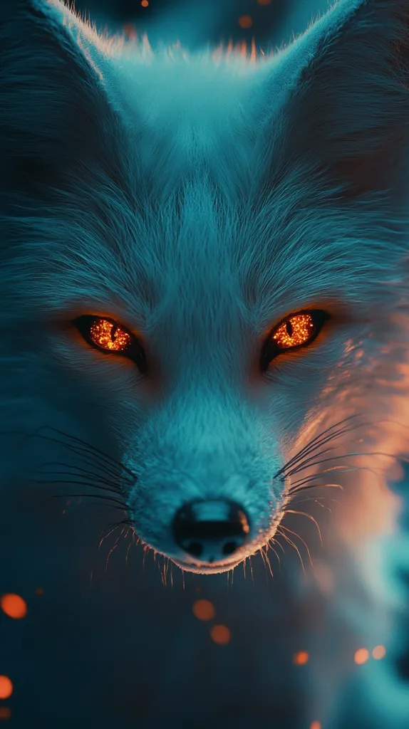 The image shows a close-up of a white fox with bright orange eyes. The fox is staring directly at the camera with an intense gaze, and its fur is soft and fluffy. The background is blurred, creating a sense of depth and mystery. The fox's eyes seem to glow, and its nose is black and wet. The image is a beautiful and captivating portrait of a wild animal.
